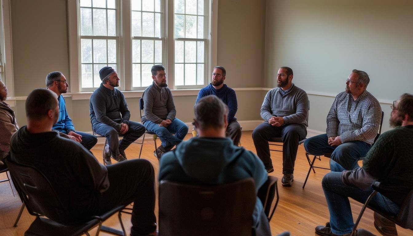 a group of men seated in chairs in a circle for a group counseling class