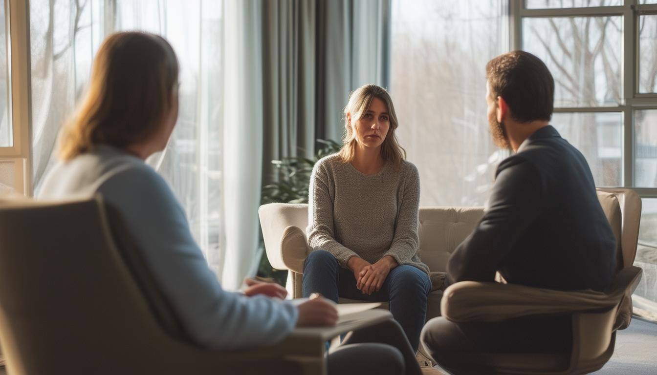 a married couple seated in a room with a counselor going through a hard counseling session